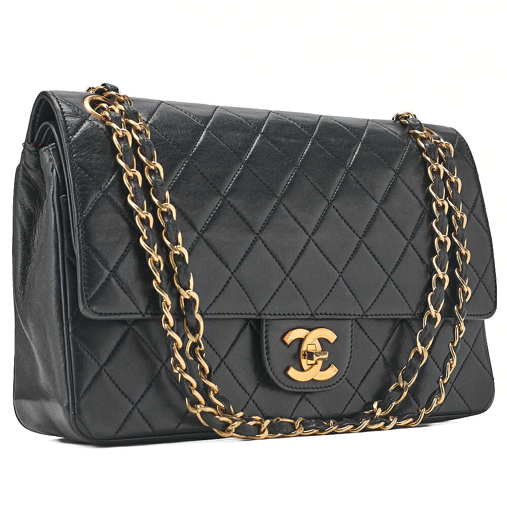 CHANEL Lambskin Matelasse Double Straight Flap Chain Shoulder Black Gold-Tone Hardware, Pre-Owned