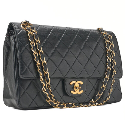 CHANEL Lambskin Matelasse Double Straight Flap Chain Shoulder Black Gold-Tone Hardware, Pre-Owned