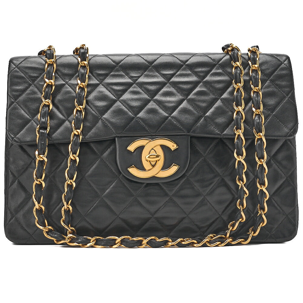 CHANEL Chain Shoulder Bag Deca Matelasse 33cm Single Flap Lambskin Black Gold-Tone Hardware, Pre-Owned