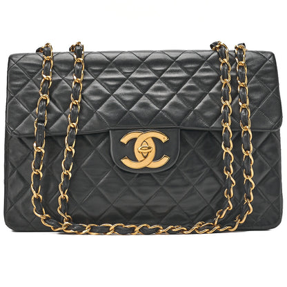 CHANEL Chain Shoulder Bag Deca Matelasse 33cm Single Flap Lambskin Black Gold-Tone Hardware, Pre-Owned