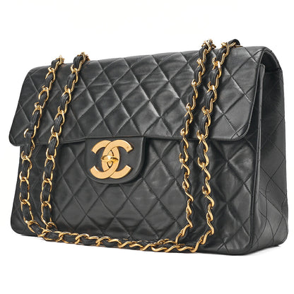 CHANEL Chain Shoulder Bag Deca Matelasse 33cm Single Flap Lambskin Black Gold-Tone Hardware, Pre-Owned