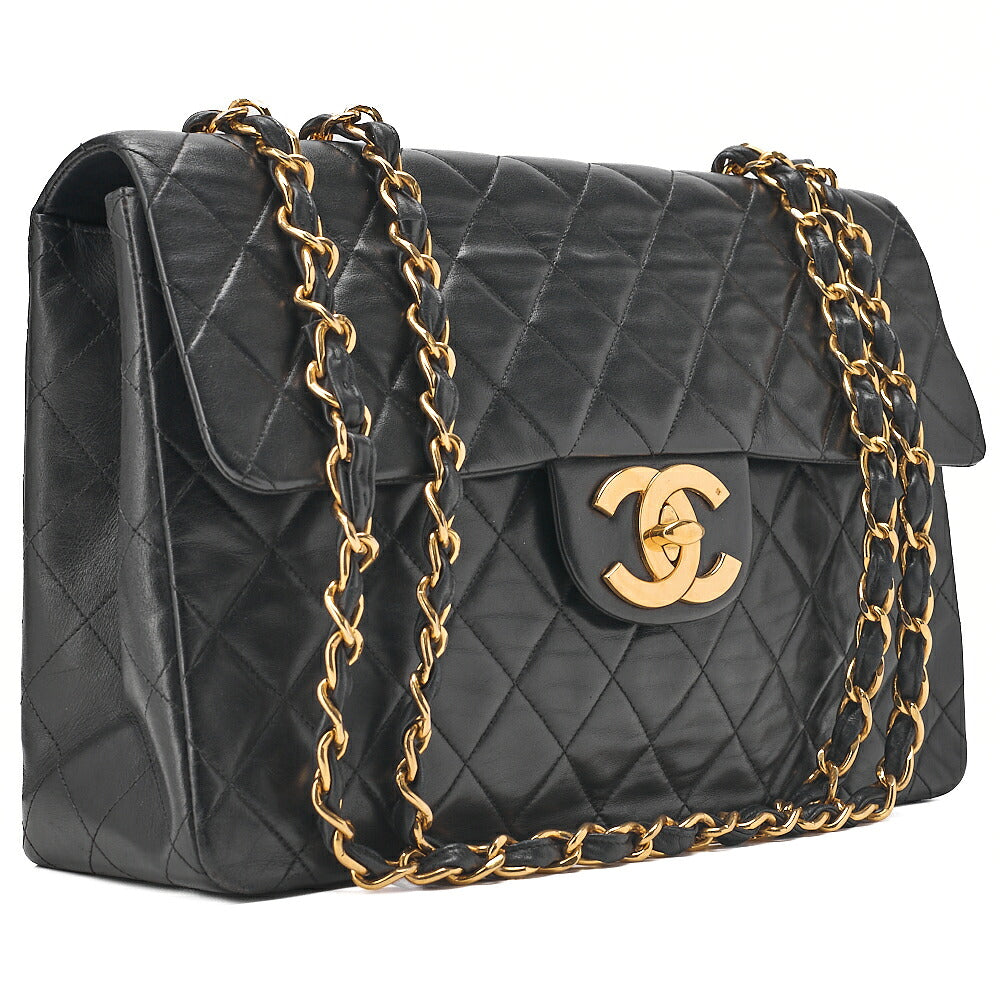 CHANEL Chain Shoulder Bag Deca Matelasse 33cm Single Flap Lambskin Black Gold-Tone Hardware, Pre-Owned