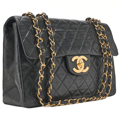 CHANEL Chain Shoulder Bag Deca Matelasse 33cm Single Flap Lambskin Black Gold-Tone Hardware, Pre-Owned