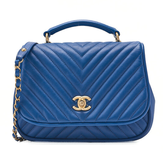 CHANEL Lambskin V-Stitch Turn Lock 2-Way Chain Shoulder Blue Gold-Tone Hardware, Pre-Owned