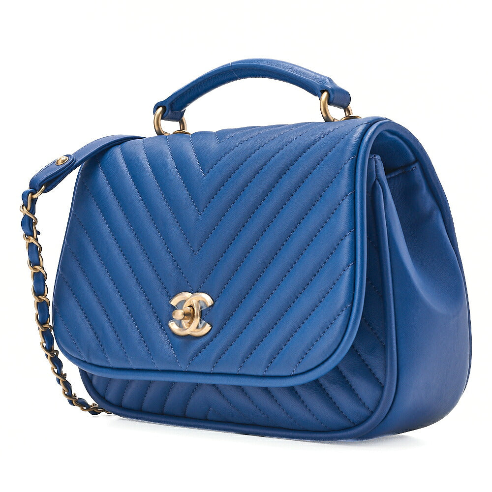 CHANEL Lambskin V-Stitch Turn Lock 2-Way Chain Shoulder Blue Gold-Tone Hardware, Pre-Owned