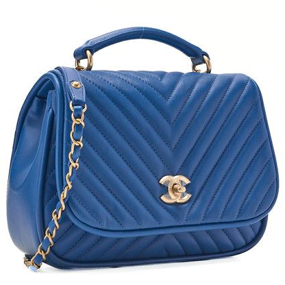 CHANEL Lambskin V-Stitch Turn Lock 2-Way Chain Shoulder Blue Gold-Tone Hardware, Pre-Owned