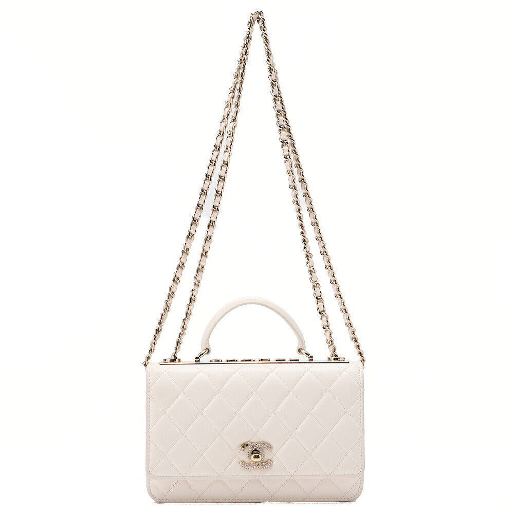 CHANEL Lambskin Matelasse Trendy CC Rhinestone 2-Way Chain Wallet White Gold-Tone Hardware, Pre-Owned