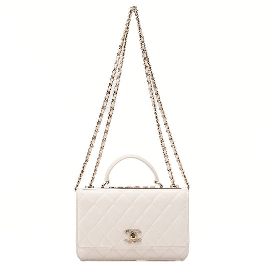 CHANEL Lambskin Matelasse Trendy CC Rhinestone 2-Way Chain Wallet White Gold-Tone Hardware, Pre-Owned