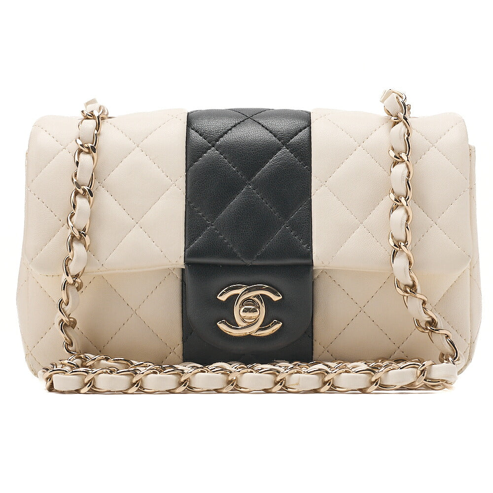 CHANEL Chain Shoulder Bag Mini Matelasse 20cm Lambskin Black x White Gold-Tone Hardware, Pre-Owned