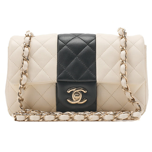 CHANEL Chain Shoulder Bag Mini Matelasse 20cm Lambskin Black x White Gold-Tone Hardware, Pre-Owned