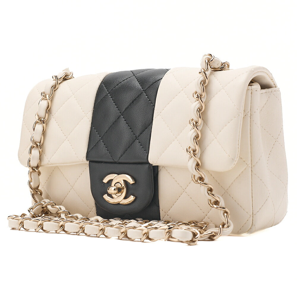 CHANEL Chain Shoulder Bag Mini Matelasse 20cm Lambskin Black x White Gold-Tone Hardware, Pre-Owned