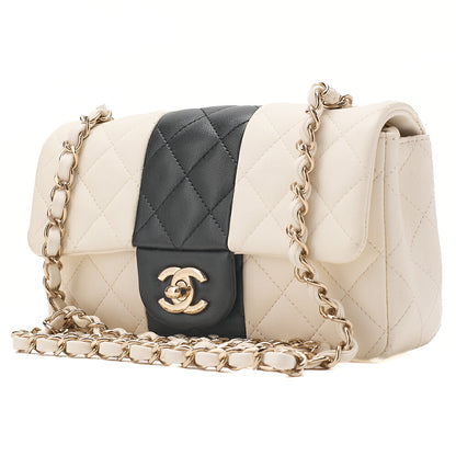 CHANEL Chain Shoulder Bag Mini Matelasse 20cm Lambskin Black x White Gold-Tone Hardware, Pre-Owned