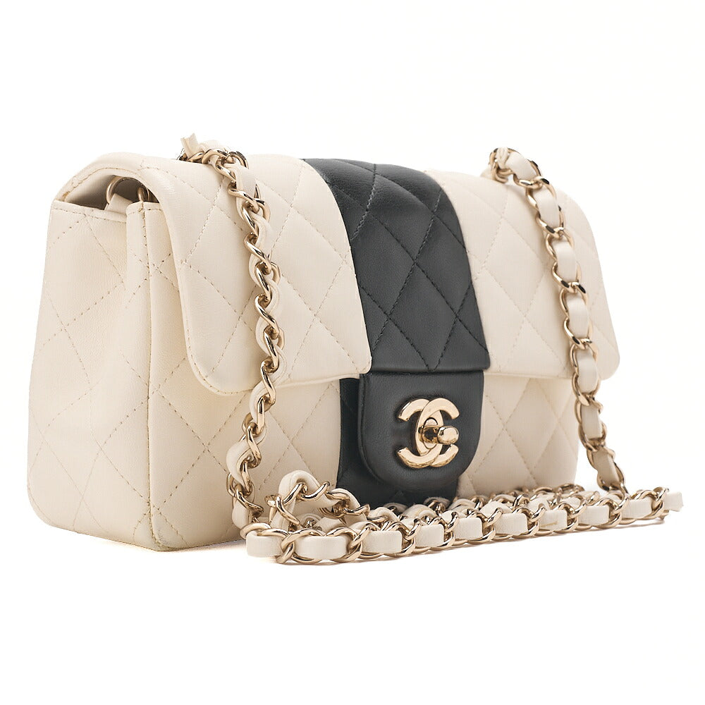 CHANEL Chain Shoulder Bag Mini Matelasse 20cm Lambskin Black x White Gold-Tone Hardware, Pre-Owned