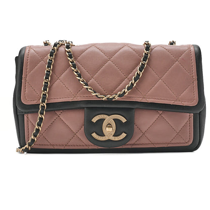 CHANEL Lambskin Matelasse Single Flap Turn Lock Chain Shoulder Bag Bicolor Dusty Pink x Black Gold-Tone Hardware, Pre-Owned