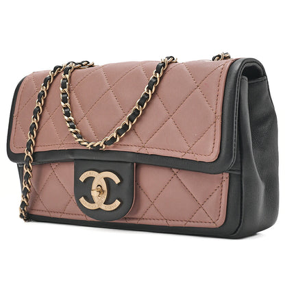 CHANEL Lambskin Matelasse Single Flap Turn Lock Chain Shoulder Bag Bicolor Dusty Pink x Black Gold-Tone Hardware, Pre-Owned