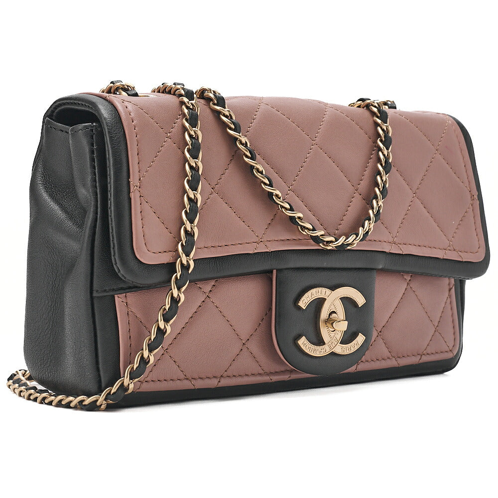 CHANEL Lambskin Matelasse Single Flap Turn Lock Chain Shoulder Bag Bicolor Dusty Pink x Black Gold-Tone Hardware, Pre-Owned