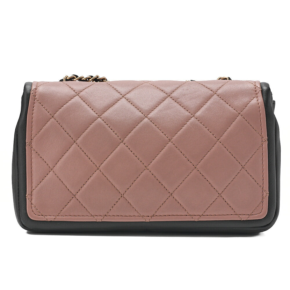CHANEL Lambskin Matelasse Single Flap Turn Lock Chain Shoulder Bag Bicolor Dusty Pink x Black Gold-Tone Hardware, Pre-Owned