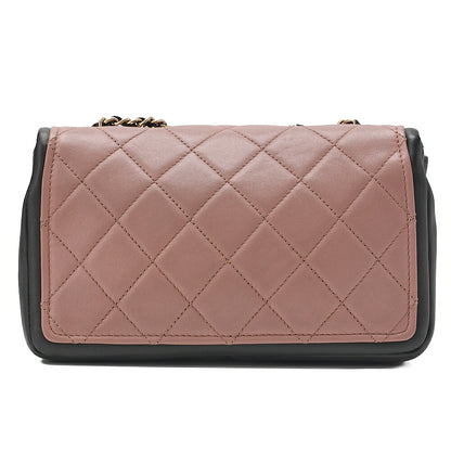 CHANEL Lambskin Matelasse Single Flap Turn Lock Chain Shoulder Bag Bicolor Dusty Pink x Black Gold-Tone Hardware, Pre-Owned