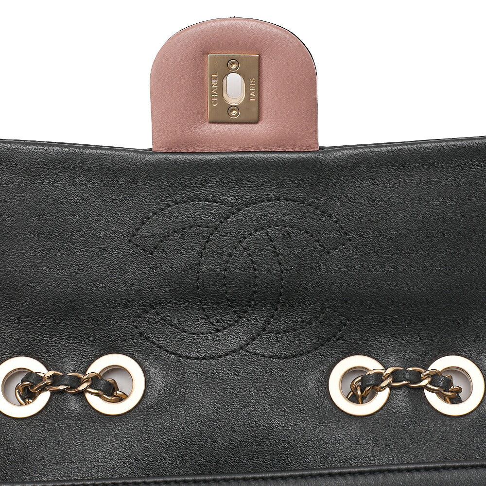 CHANEL Lambskin Matelasse Single Flap Turn Lock Chain Shoulder Bag Bicolor Dusty Pink x Black Gold-Tone Hardware, Pre-Owned