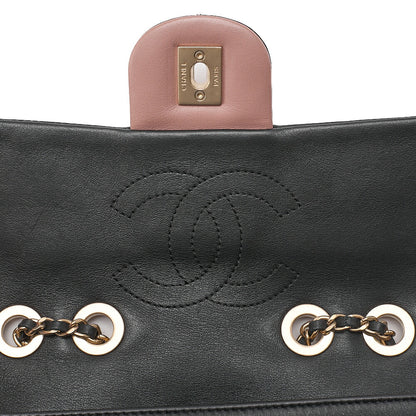 CHANEL Lambskin Matelasse Single Flap Turn Lock Chain Shoulder Bag Bicolor Dusty Pink x Black Gold-Tone Hardware, Pre-Owned