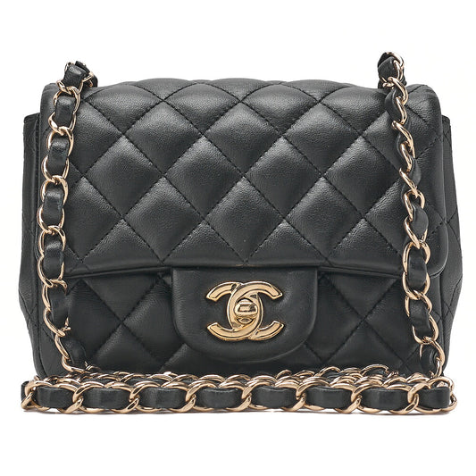 CHANEL Chain Shoulder Bag Mini Matelasse 16cm Turn Lock Lambskin Black Gold-Tone Hardware, Pre-Owned