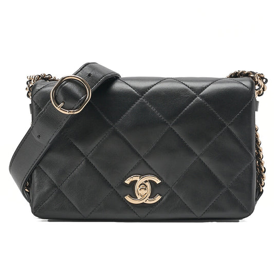 CHANEL Lambskin Matelasse Full Flap Chain Shoulder Black Gold-Tone Hardware, Pre-Owned