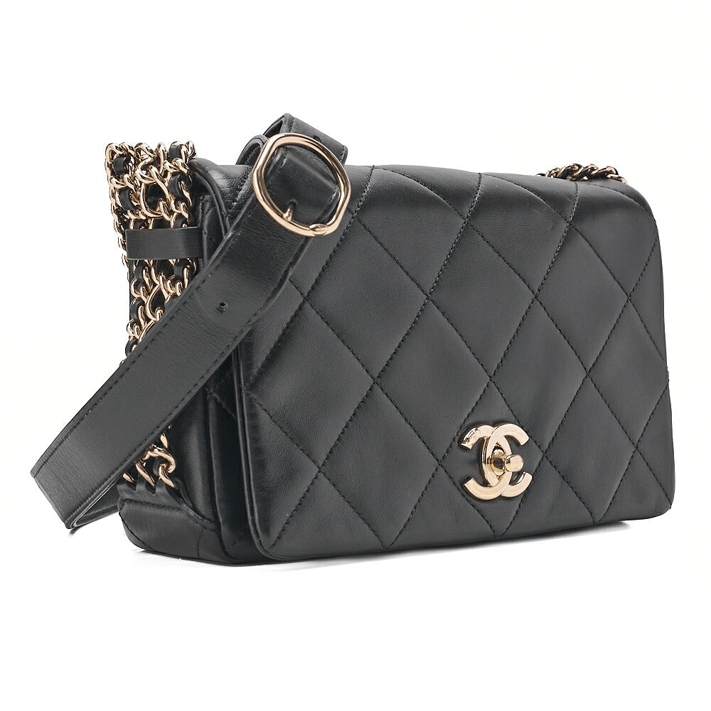 CHANEL Lambskin Matelasse Full Flap Chain Shoulder Black Gold-Tone Hardware, Pre-Owned