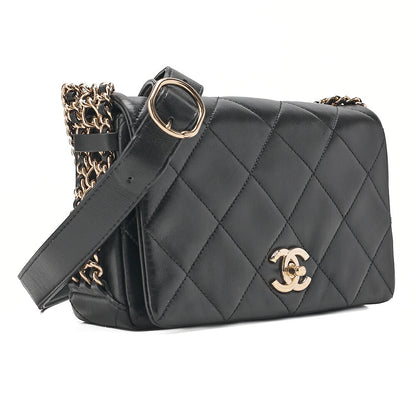 CHANEL Lambskin Matelasse Full Flap Chain Shoulder Black Gold-Tone Hardware, Pre-Owned