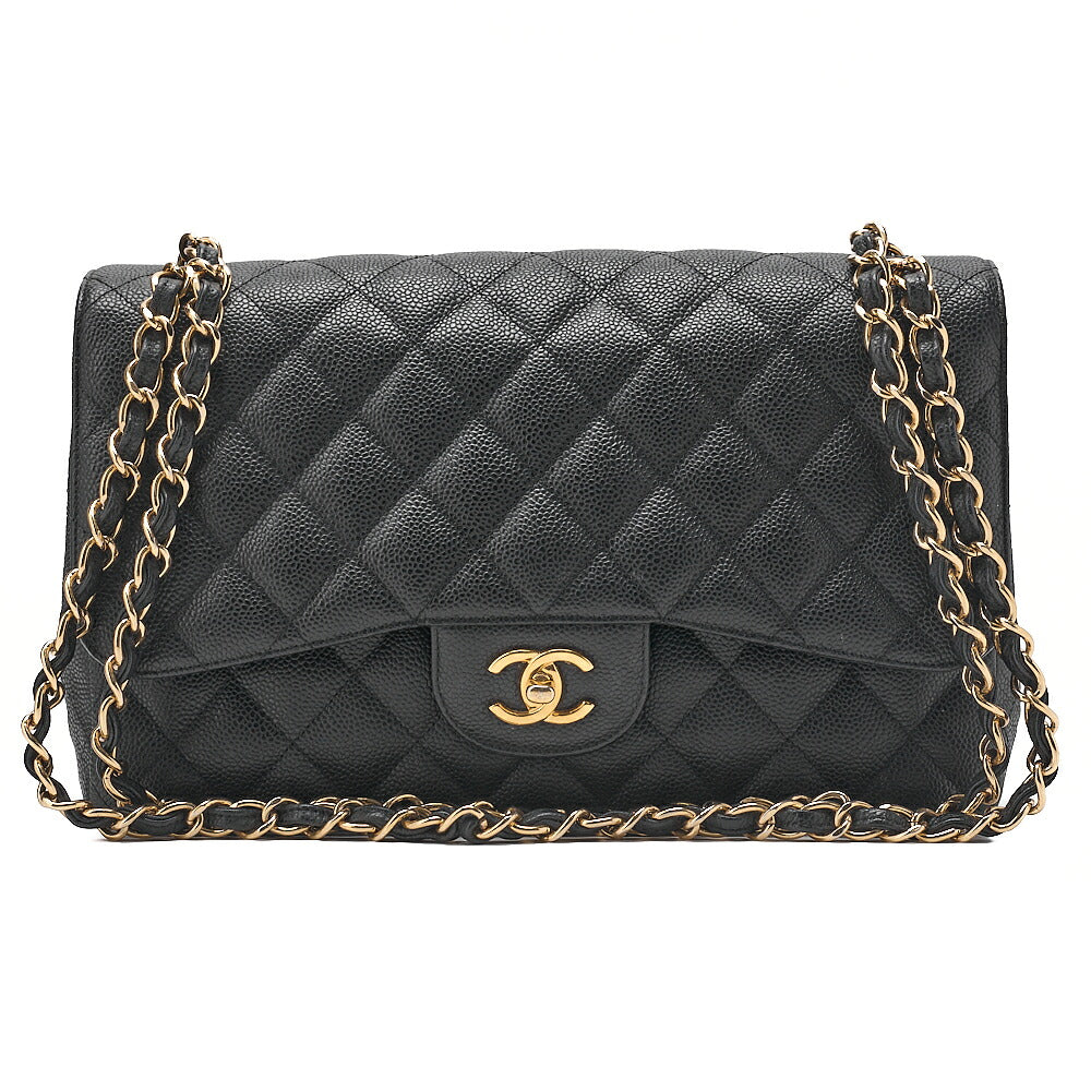 CHANEL Caviar Skin Deca Matelasse 30cm Double Flap Chain Shoulder Bag Black Gold-Tone Hardware, Pre-Owned