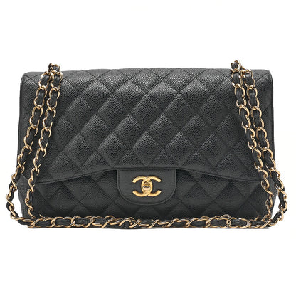 CHANEL Caviar Skin Deca Matelasse 30cm Double Flap Chain Shoulder Bag Black Gold-Tone Hardware, Pre-Owned