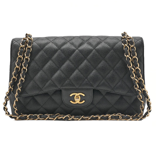 CHANEL Caviar Skin Deca Matelasse 30cm Double Flap Chain Shoulder Bag Black Gold-Tone Hardware, Pre-Owned