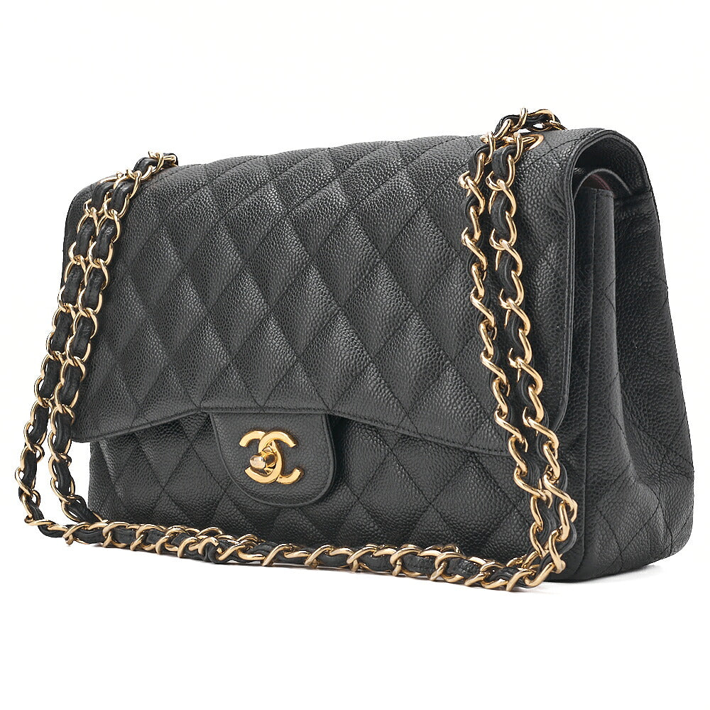 CHANEL Caviar Skin Deca Matelasse 30cm Double Flap Chain Shoulder Bag Black Gold-Tone Hardware, Pre-Owned