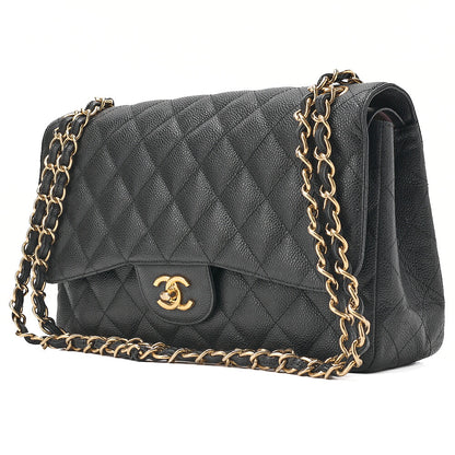CHANEL Caviar Skin Deca Matelasse 30cm Double Flap Chain Shoulder Bag Black Gold-Tone Hardware, Pre-Owned