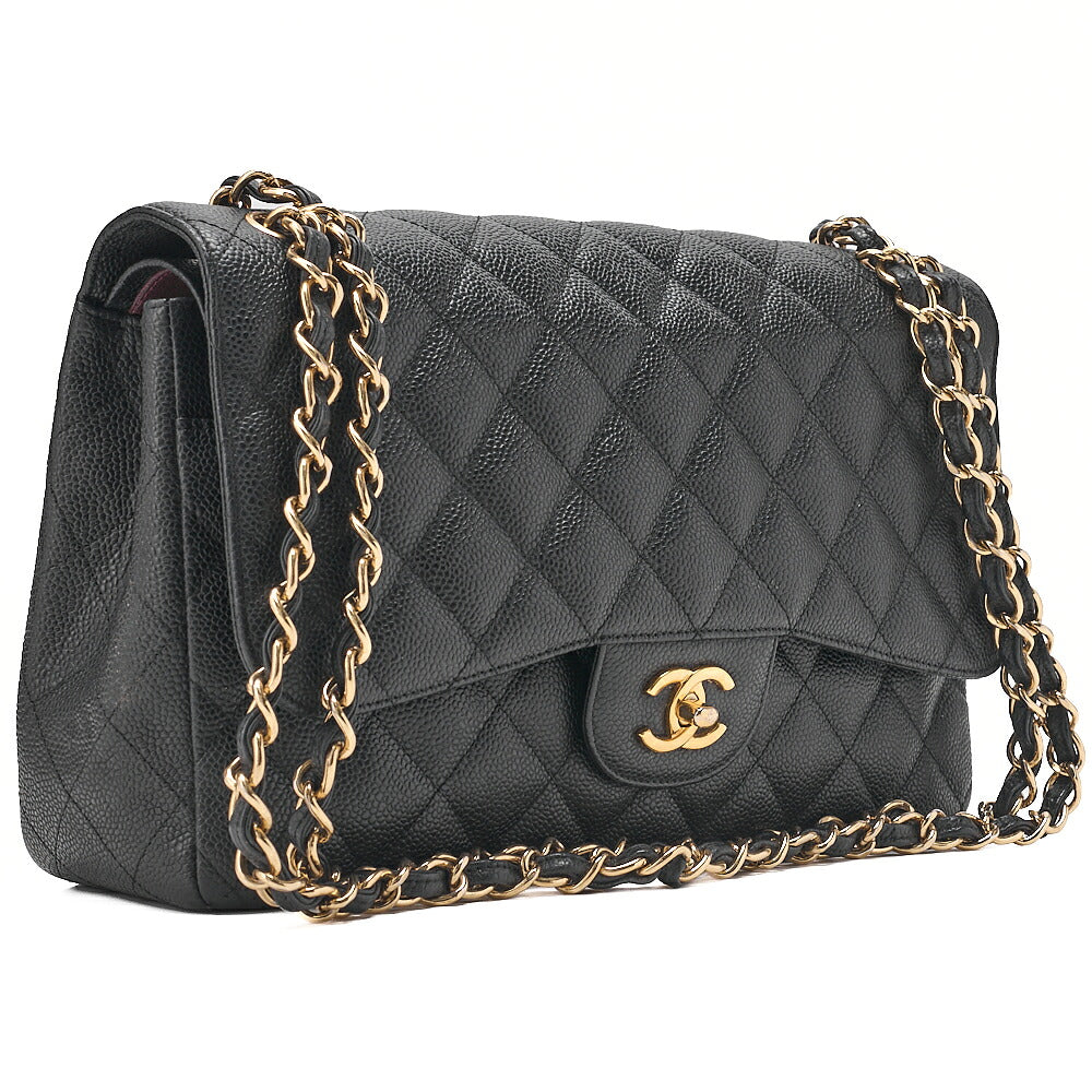 CHANEL Caviar Skin Deca Matelasse 30cm Double Flap Chain Shoulder Bag Black Gold-Tone Hardware, Pre-Owned