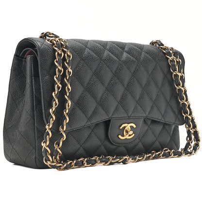 CHANEL Caviar Skin Deca Matelasse 30cm Double Flap Chain Shoulder Bag Black Gold-Tone Hardware, Pre-Owned