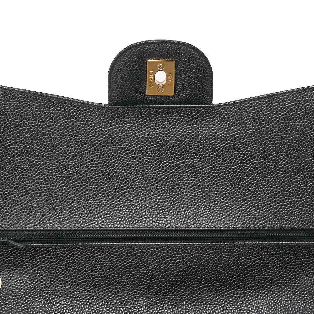 CHANEL Caviar Skin Deca Matelasse 30cm Double Flap Chain Shoulder Bag Black Gold-Tone Hardware, Pre-Owned