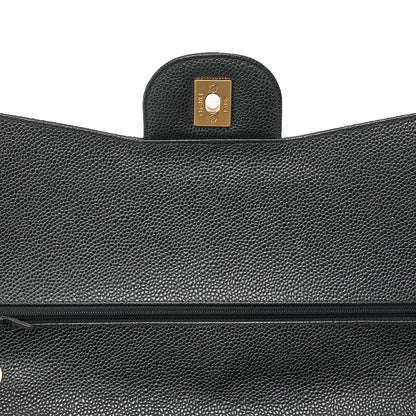 CHANEL Caviar Skin Deca Matelasse 30cm Double Flap Chain Shoulder Bag Black Gold-Tone Hardware, Pre-Owned