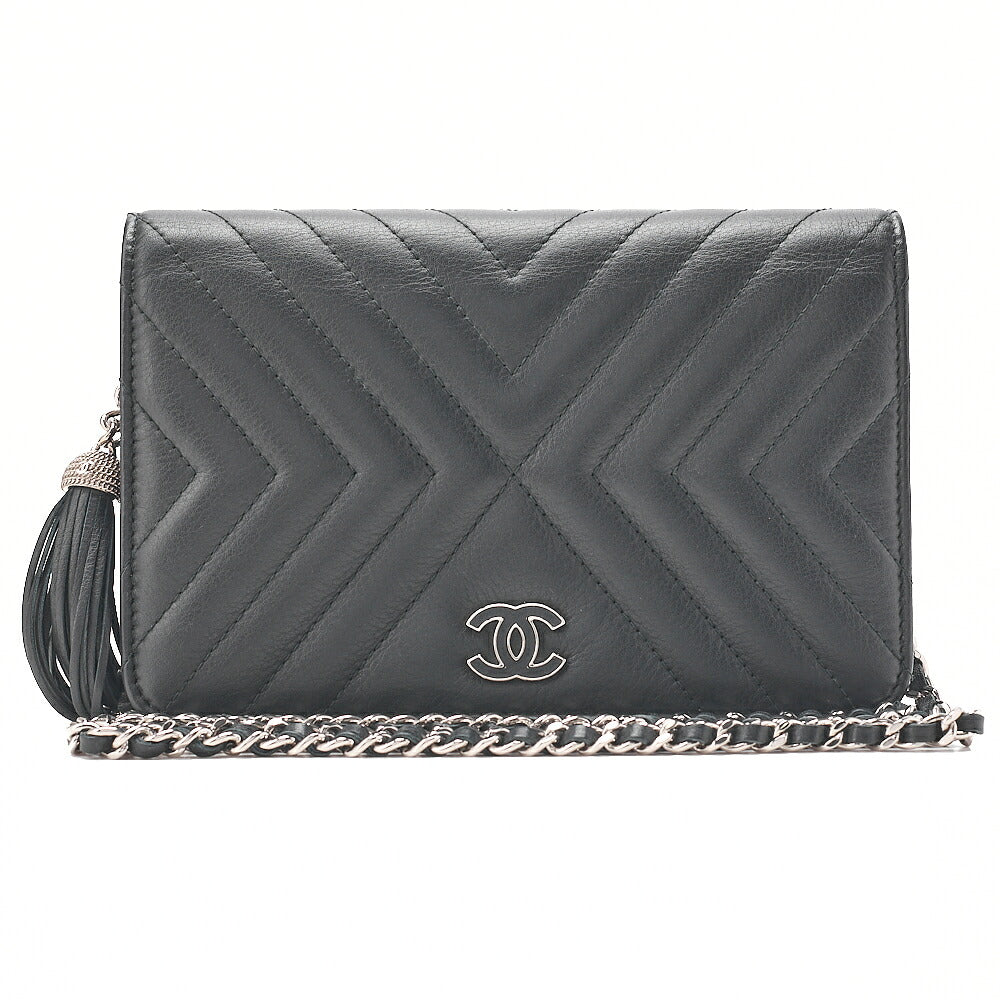 CHANEL Lambskin V-Stitch Fringe Chain Wallet Black Silver-Tone Hardware, Pre-Owned