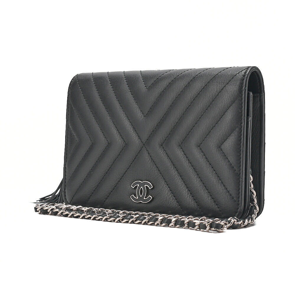 CHANEL Lambskin V-Stitch Fringe Chain Wallet Black Silver-Tone Hardware, Pre-Owned