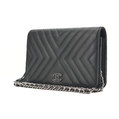 CHANEL Lambskin V-Stitch Fringe Chain Wallet Black Silver-Tone Hardware, Pre-Owned