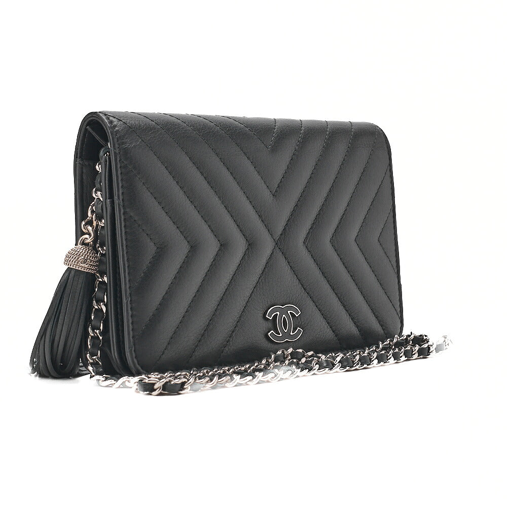 CHANEL Lambskin V-Stitch Fringe Chain Wallet Black Silver-Tone Hardware, Pre-Owned