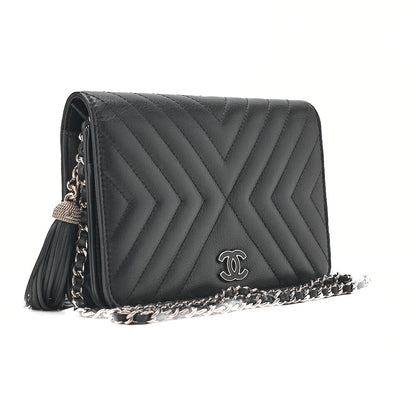 CHANEL Lambskin V-Stitch Fringe Chain Wallet Black Silver-Tone Hardware, Pre-Owned