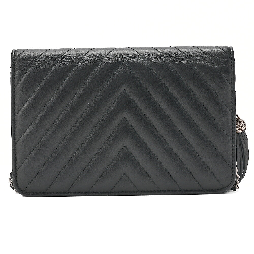 CHANEL Lambskin V-Stitch Fringe Chain Wallet Black Silver-Tone Hardware, Pre-Owned