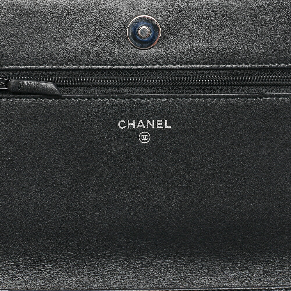 CHANEL Lambskin V-Stitch Fringe Chain Wallet Black Silver-Tone Hardware, Pre-Owned