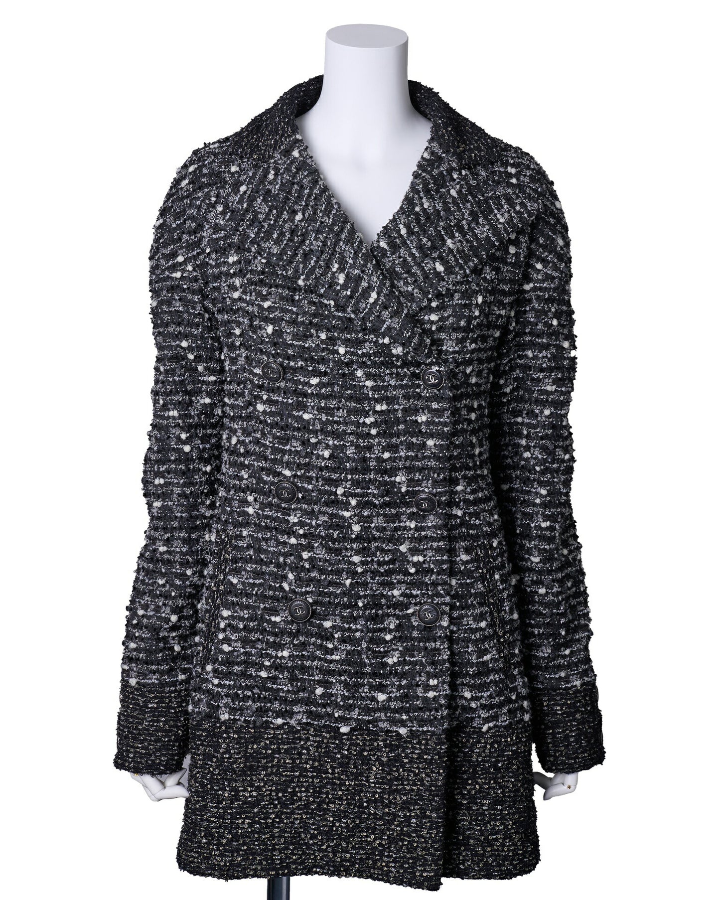 CHANEL Coat Jacket, Coco Mark Button, Tweed, Nylon Silk, Black, Gold-Tone Hardware, Pre-Owned - Vintage La Charme