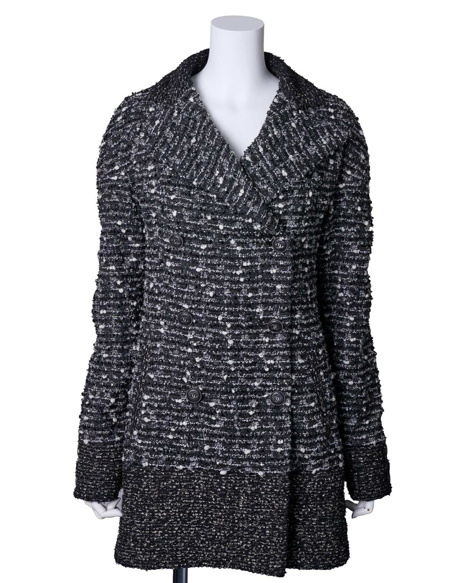 CHANEL Coat Jacket, Coco Mark Button, Tweed, Nylon Silk, Black, Gold-Tone Hardware, Pre-Owned - Vintage La Charme