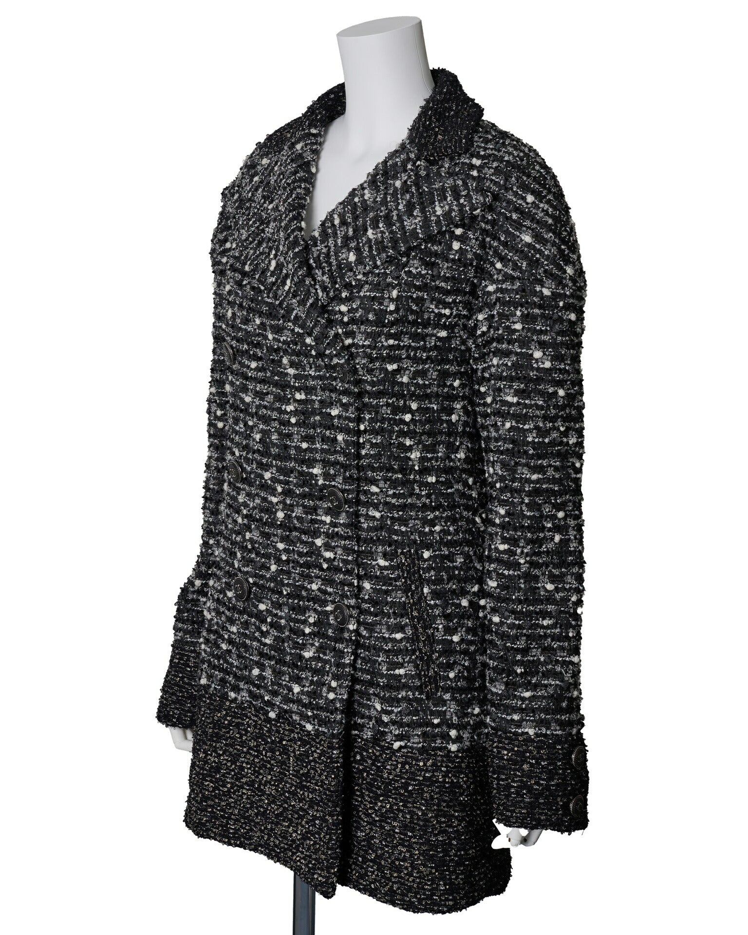 CHANEL Coat Jacket, Coco Mark Button, Tweed, Nylon Silk, Black, Gold-Tone Hardware, Pre-Owned - Vintage La Charme