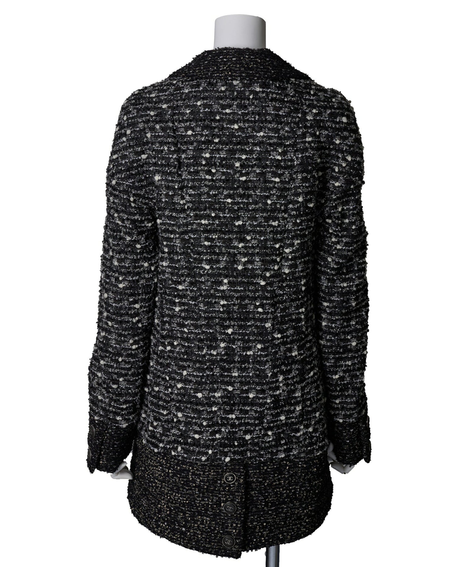 CHANEL Coat Jacket, Coco Mark Button, Tweed, Nylon Silk, Black, Gold-Tone Hardware, Pre-Owned - Vintage La Charme