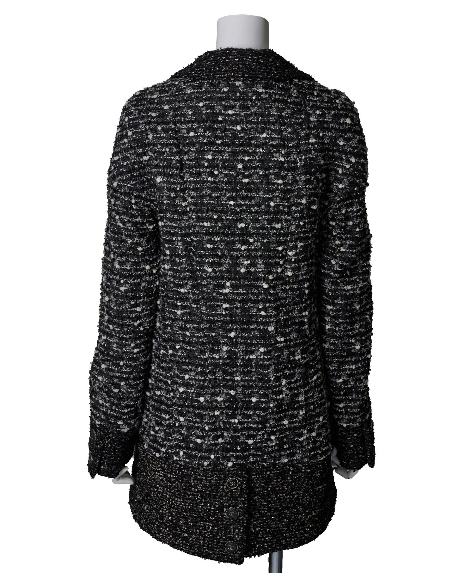 CHANEL Coat Jacket, Coco Mark Button, Tweed, Nylon Silk, Black, Gold-Tone Hardware, Pre-Owned - Vintage La Charme