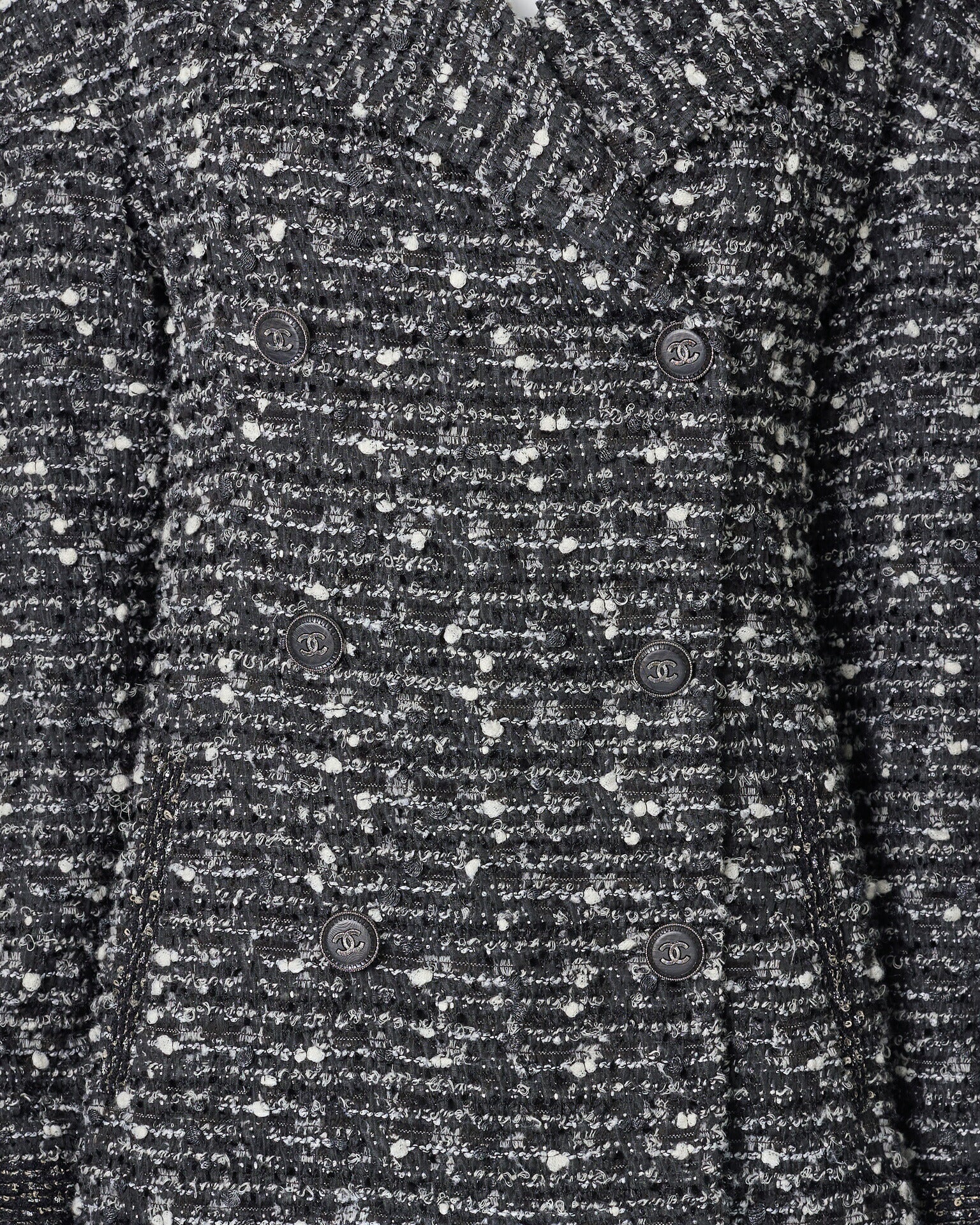 CHANEL Coat Jacket, Coco Mark Button, Tweed, Nylon Silk, Black, Gold-Tone Hardware, Pre-Owned - Vintage La Charme